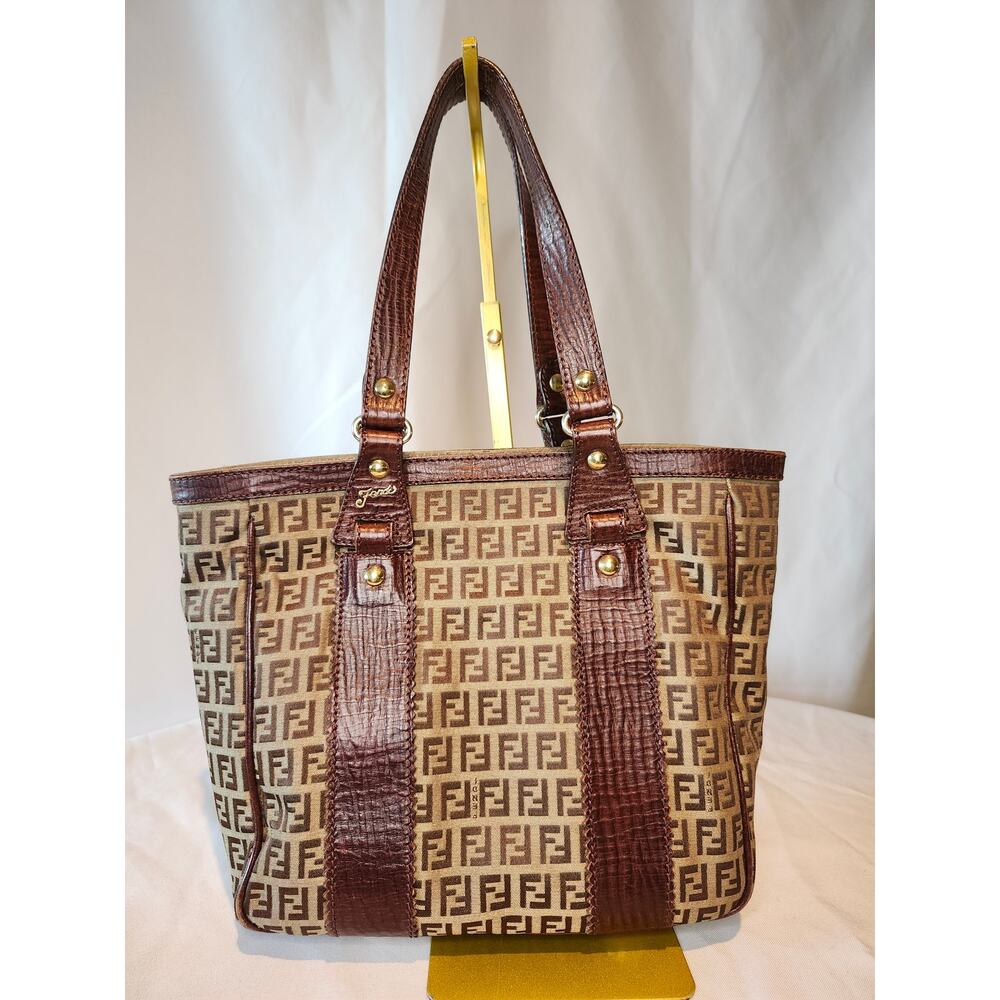 SOLD Fendi Western Zucchino Tote Shoulder Bag Brown Canvas and Leather Trim